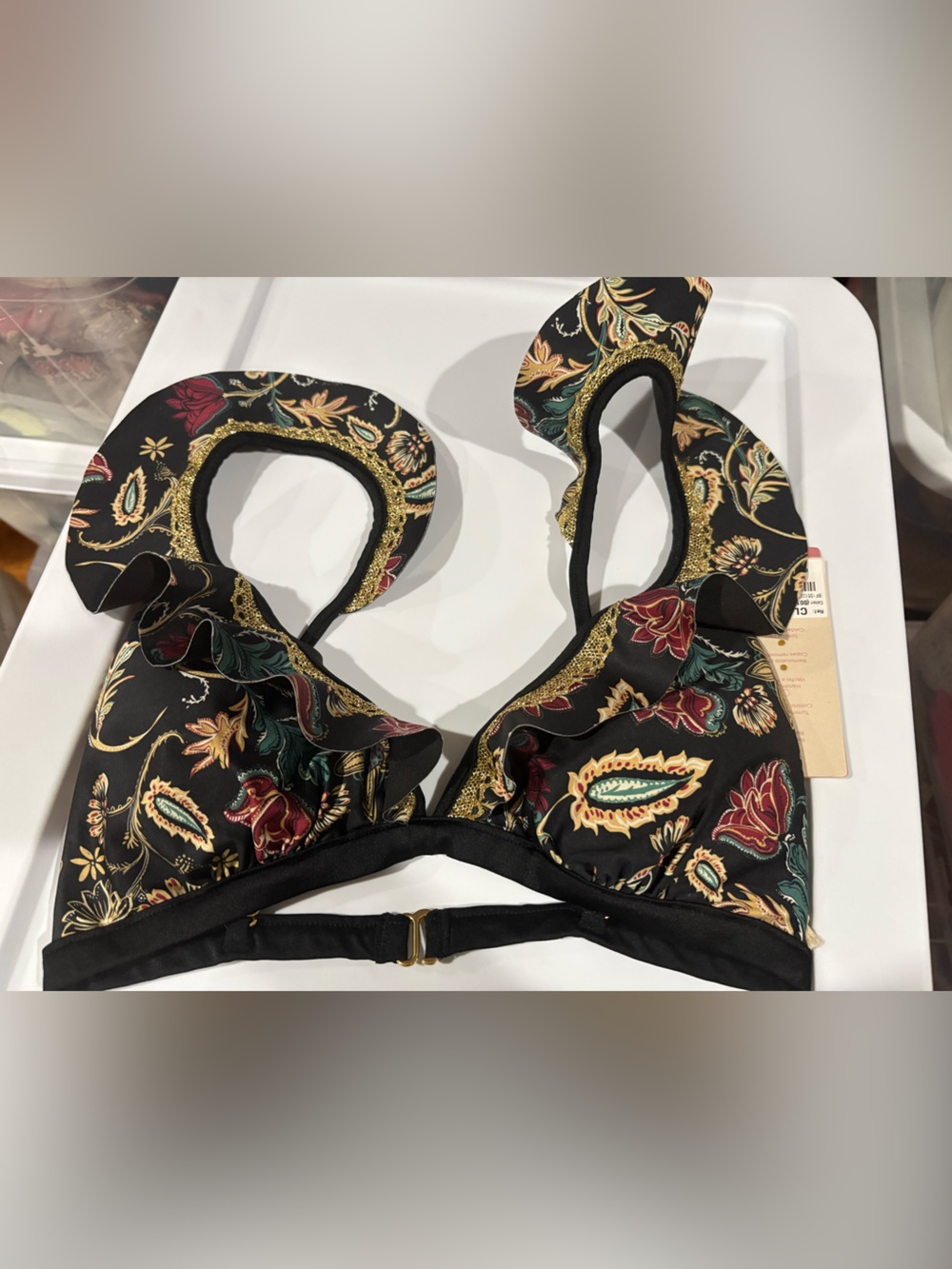 Black Floral Ruffle V-Neck Bikini Set - Picture 7 of 9